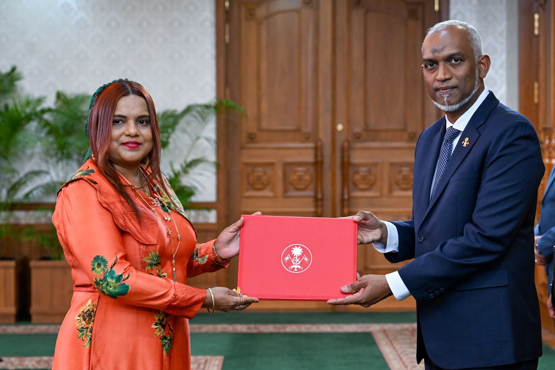 Iruthisham Adam receives her appointment as foreign minister from President Mohamed Muizzu on 14 April 2026.