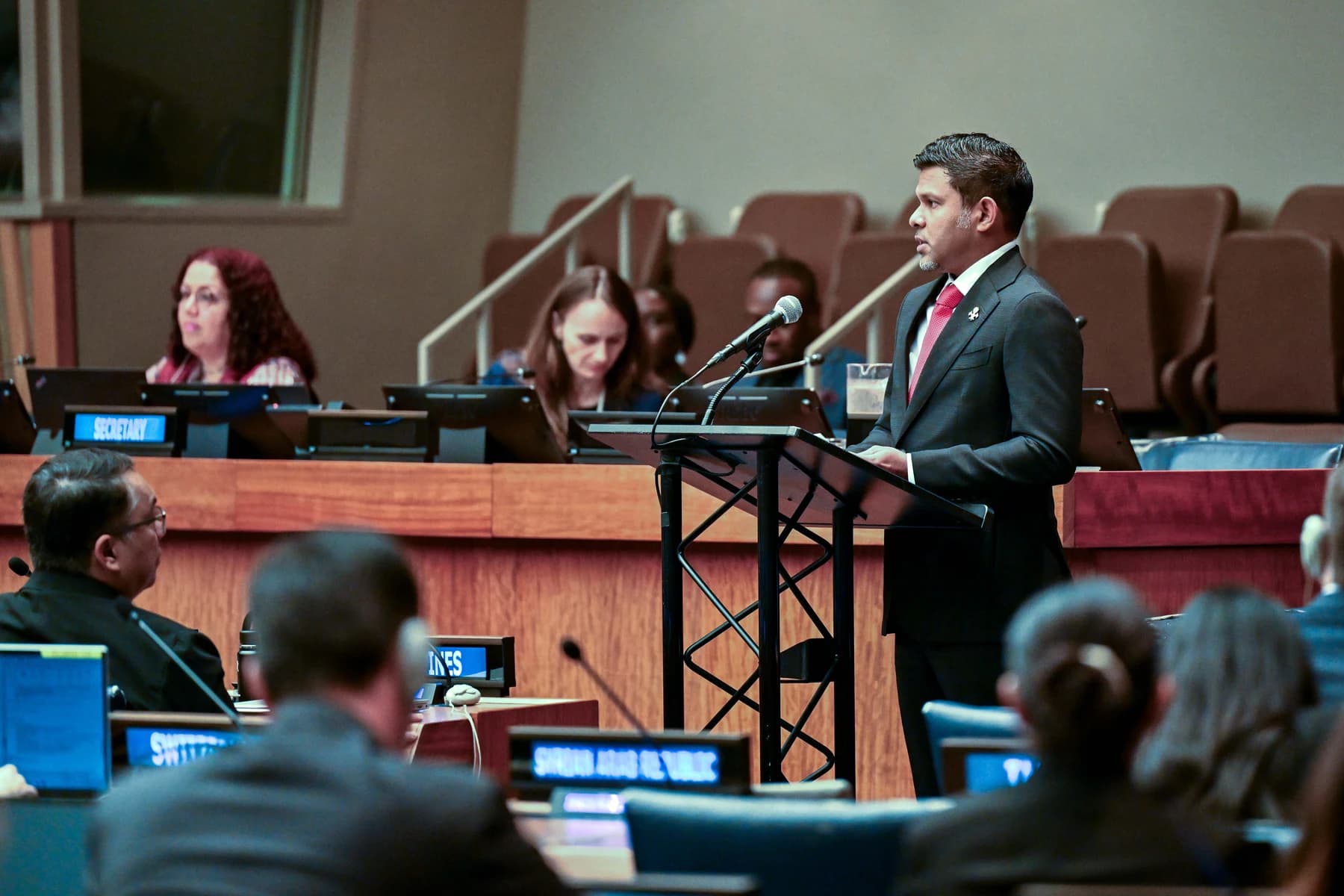 Vice President Hussain Mohamed Latheef addresses the UN meeting on sea-level rise on 24 September 2026.