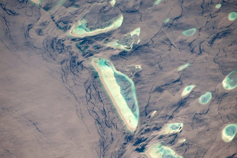 Reefs in Malé Atoll photographed from the International Space Station on 12 January 2010.