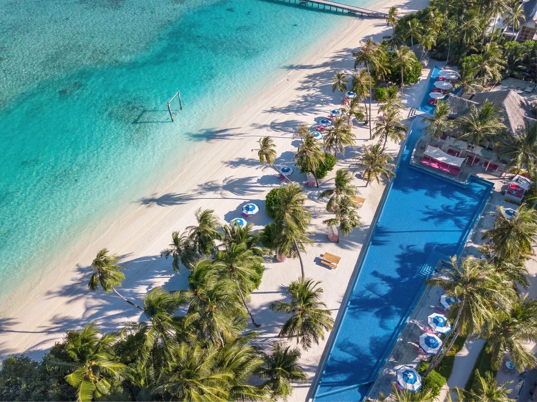 Kandima Maldives beach and pool seen from above