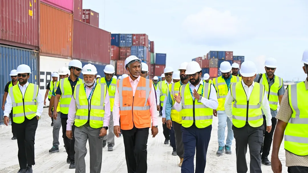 President Mohamed Muizzu and officials visit the Thilafushi port project on 1 October 2026.